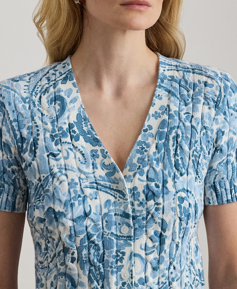 Lauren Ralph Petite Paisley-Print Cable-Knit V-Neck Cardigan