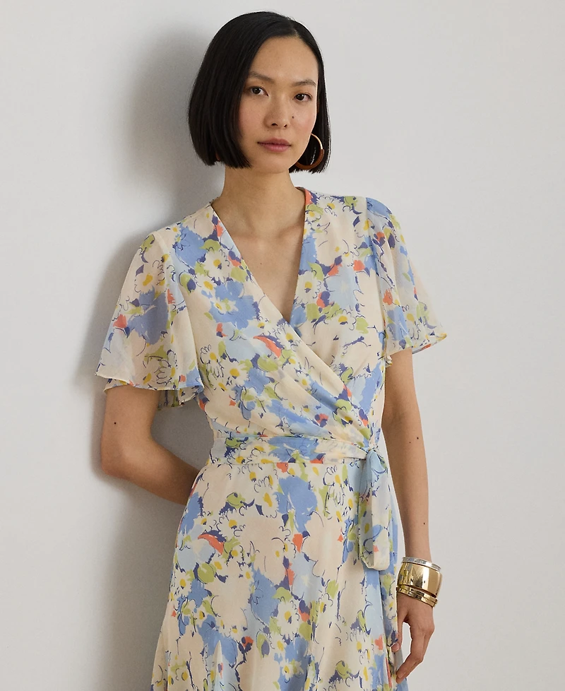 Lauren Ralph Petite Floral-Print Surplice V-Neck Fit-and-Flare Dress