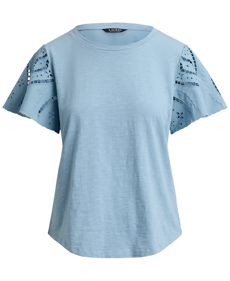 Lauren Ralph Petite Eyelet Flutter-Sleeve Crewneck Top