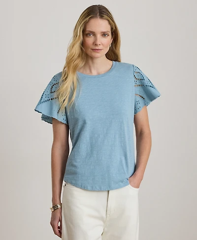 Lauren Ralph Petite Eyelet Flutter-Sleeve Crewneck Top