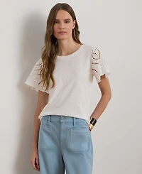Lauren Ralph Petite Eyelet Flutter-Sleeve Crewneck Top