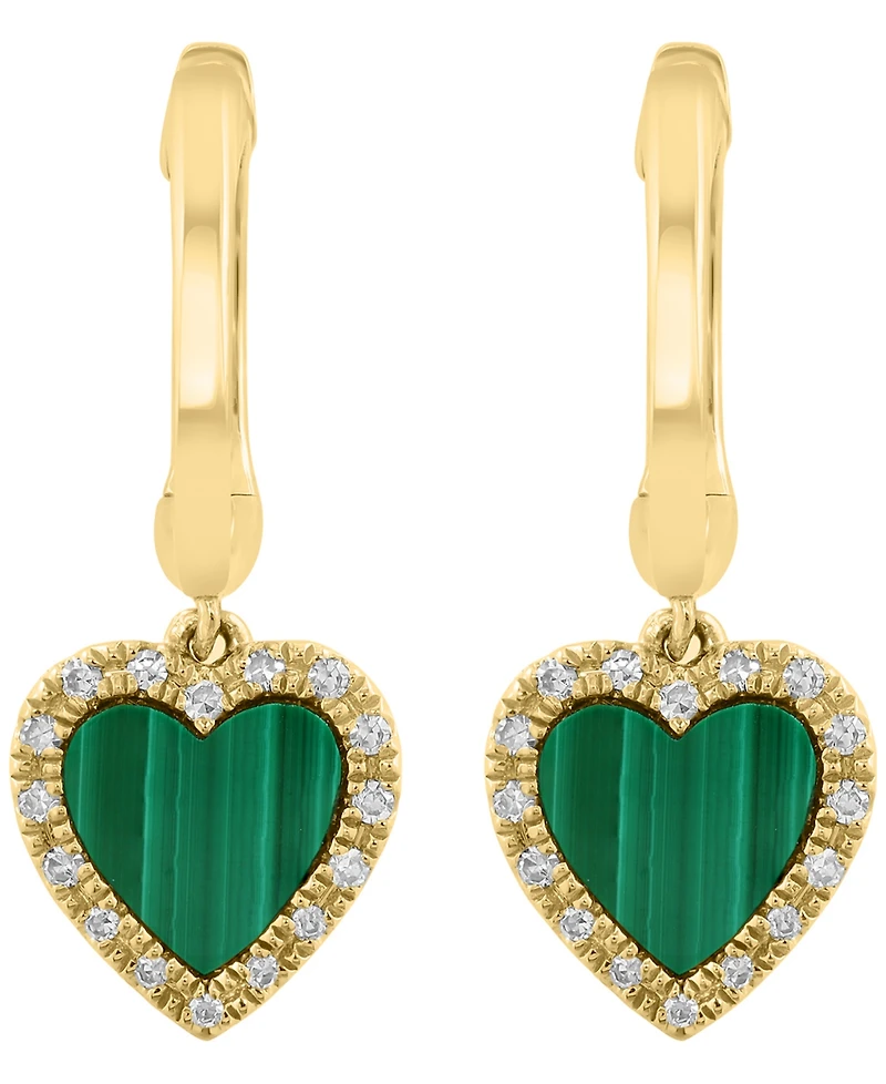 Effy Collection Malachite & Diamond (1/10 ct. t.w.) Heart Drop Earrings in 14k Yellow Gold