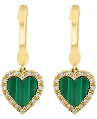 Effy Collection Malachite & Diamond (1/10 ct. t.w.) Heart Drop Earrings in 14k Yellow Gold