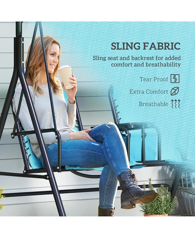 Outsunny 2 Person Porch Swing with Canopy, Storage Table, Cup Holder, Blue