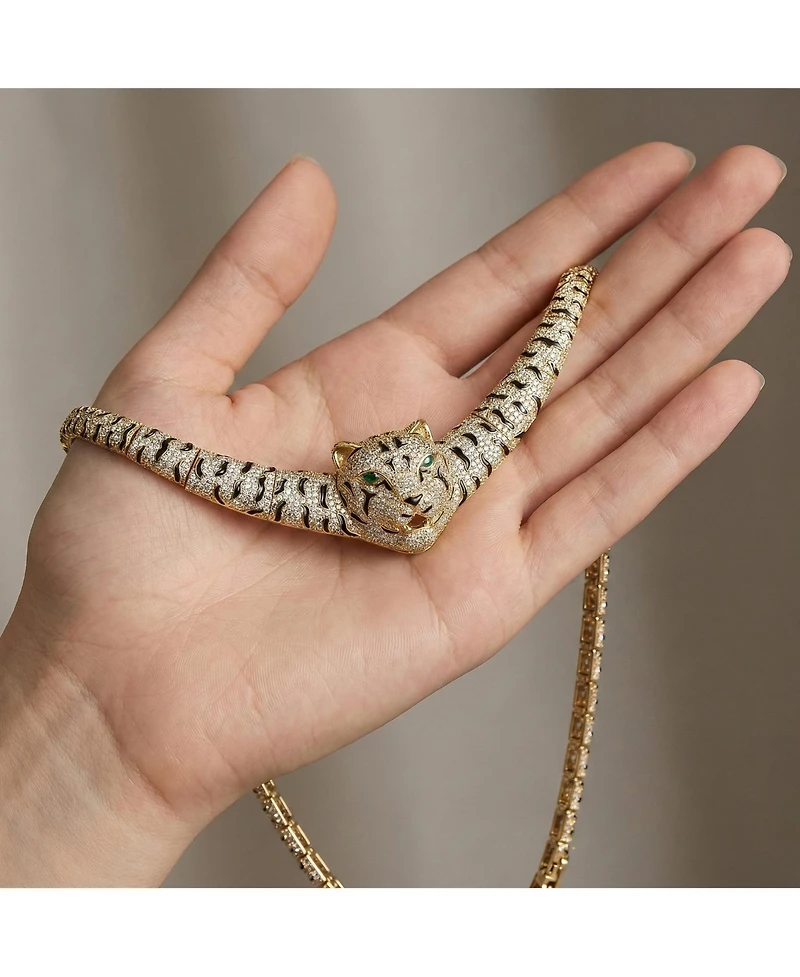 Glamorous 14K Gold Plated Necklace with Cubic Zirconia Leopard Design