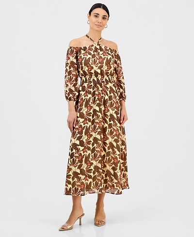 I.n.c. International Concepts Petite Printed Halter Smock-Waist Maxi Dress, Macy's Exclusive