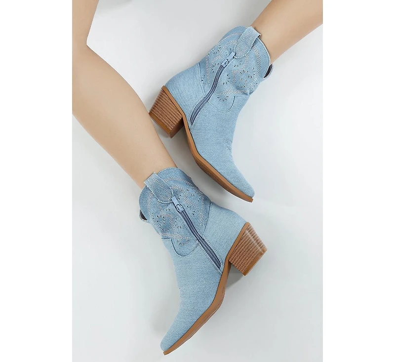 Nigara Cut Out Detail Denim Cowboy Boots