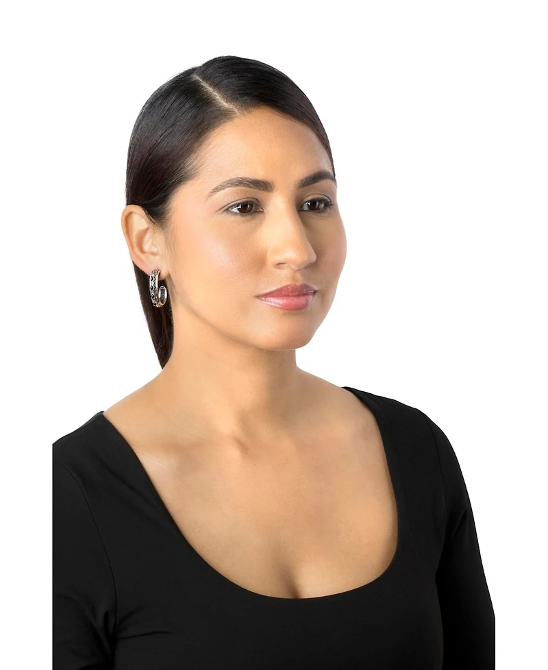 American West Jewelry Sterling Silver Black Onyx Patterned J-Hoop 1 Inch Earrings