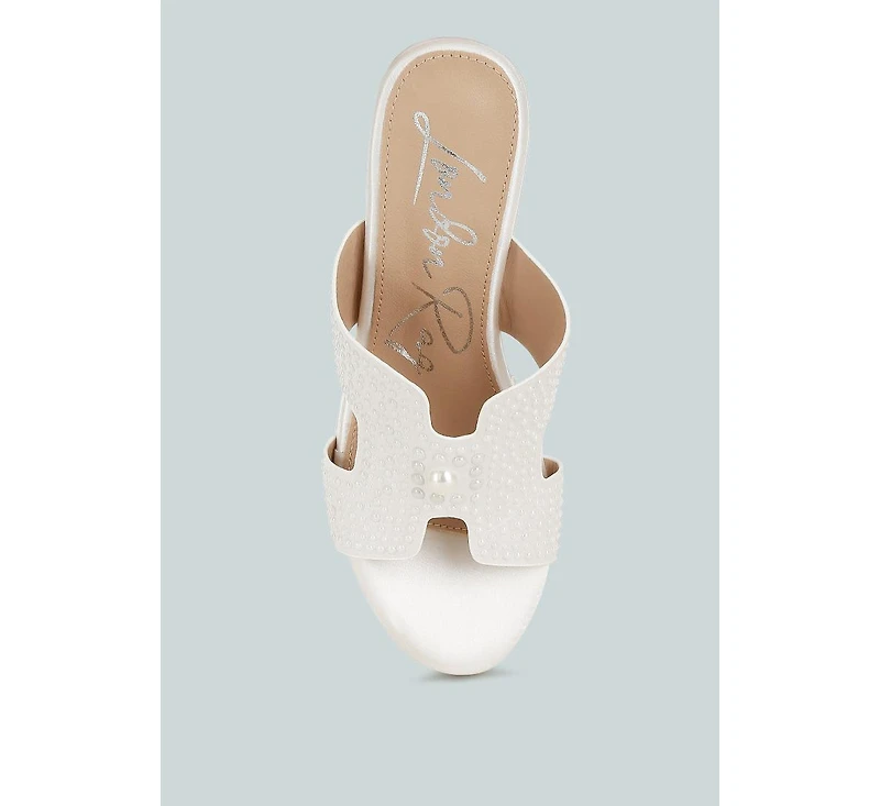 Renier Satin Pearl Detail Wedge Sandals