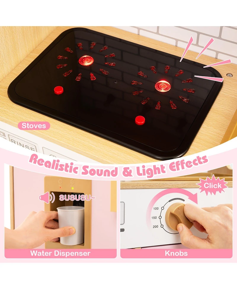 Mecale Kids Wooden Kitchen Playset with Realistic Lights & Sounds, Fun Interactive Toy