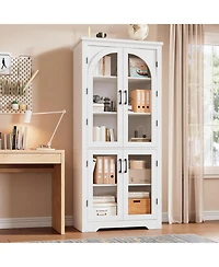 gaomon Kitchen Pantry Cabinet Modern Display Cabinet with 4 Arched Glass Doors and Adjustable Shelves