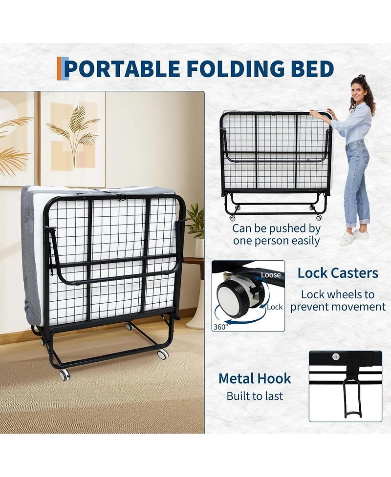 gaomon Folding Bed with Mattress, 75" x 38" Folded Bed with 5 Memory Foam Mattress and Sturdy Metal Frame, Rollaway Guest Beds on Wheels for