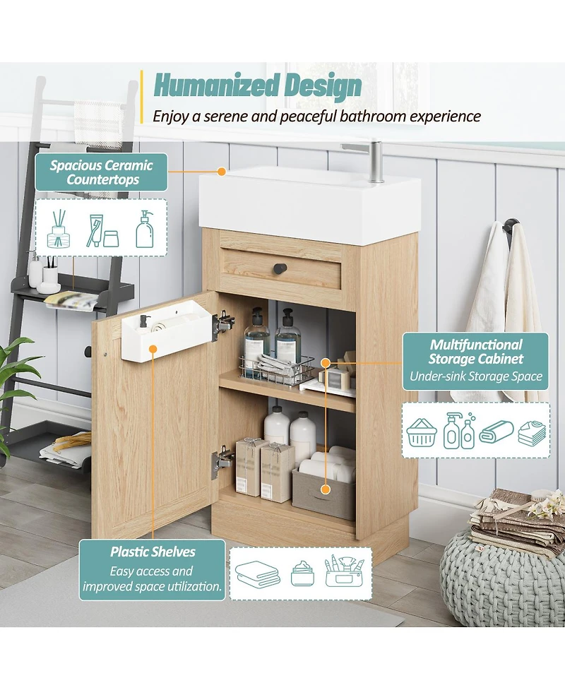 Sillysis 18.5" Rustic Bathroom Vanity with Resin Sink, Soft Close Door & Adjustable Shelf for Small Spaces