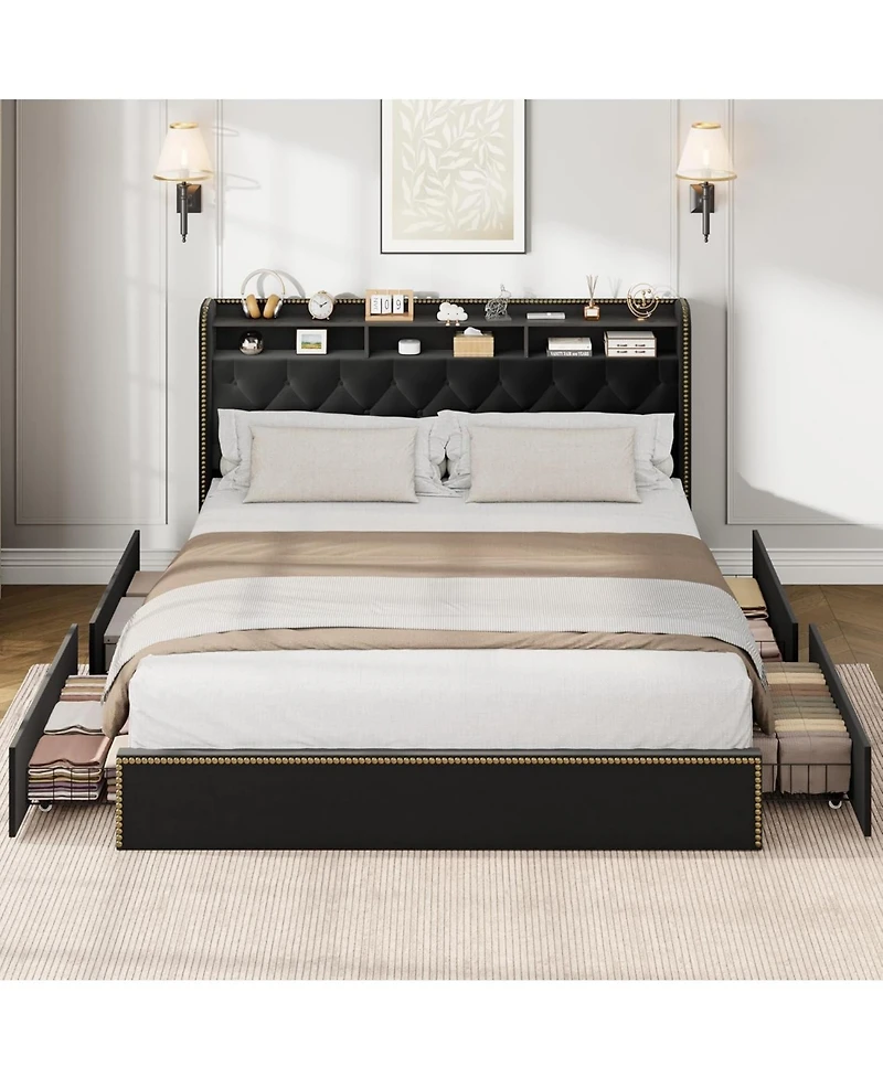 gaomon King Size Bed Frame with 4 Storage Drawers, Velvet Fabric Upholstered Platform Bed with Tufted Headboard, Wooden Slats, No Box Spring Required