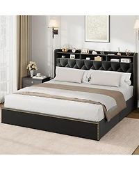 gaomon King Size Bed Frame with 4 Storage Drawers, Velvet Fabric Upholstered Platform Bed with Tufted Headboard, Wooden Slats, No Box Spring Required