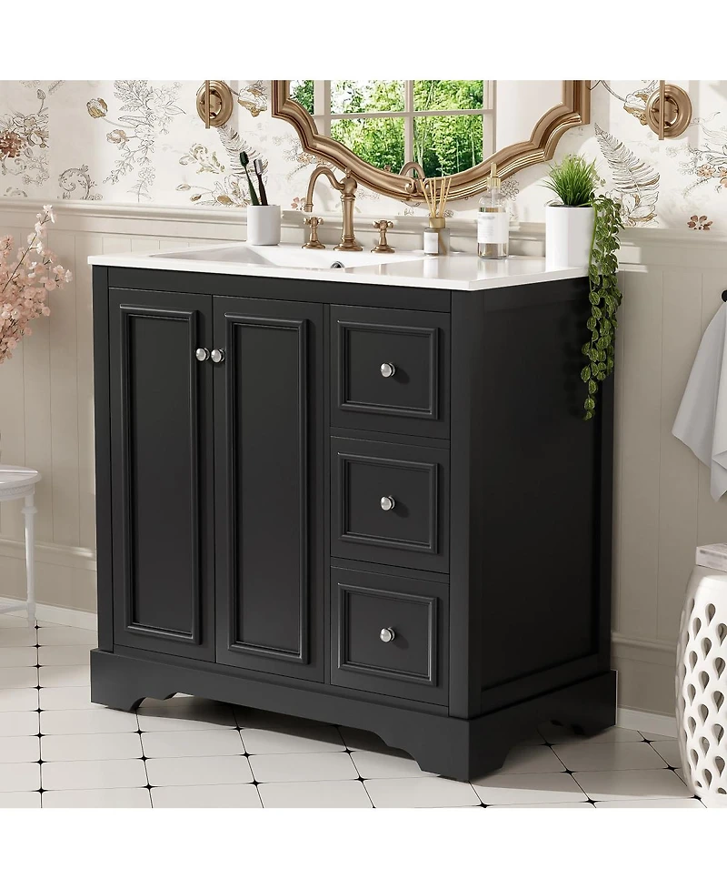 Sillysis 36" Transitional Bathroom Vanity with Ceramic Sink, Solid Wood & Mdf, 2 Soft-Close Doors, 3 Drawers, Adjustable Shelf for Storage
