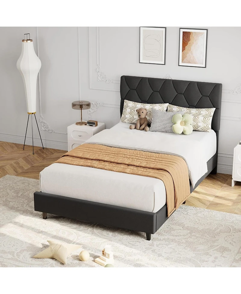 gaomon Grey Twin Bed Frame with Upholstered Headboard
