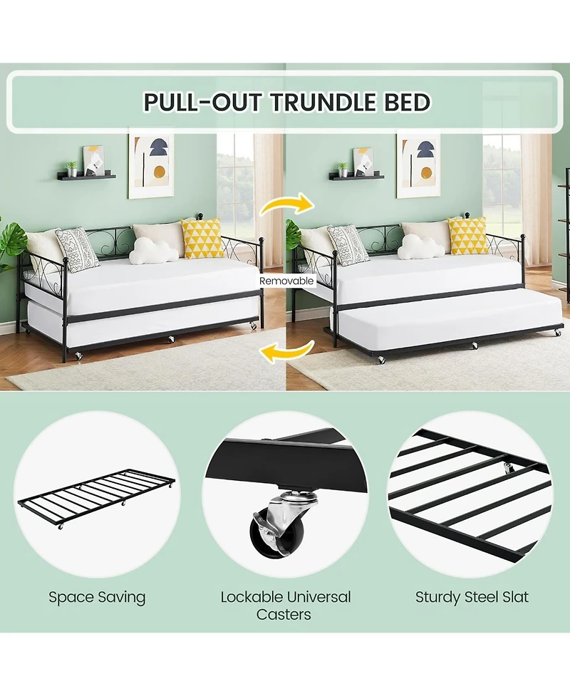 gaomon Daybed with Trundle, Modern Metal Daybed with Classic Headboard, Steel Slat Support Sofa Bed for Bedroom, Living Room, Guest Room