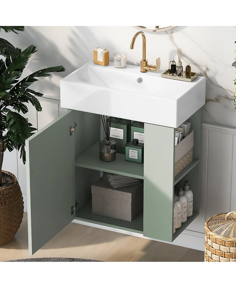 Sillysis Floating Bathroom Vanity with Ceramic Sink, Right Side Storage, Soft Close, Modern Wall Mounted Cabinet