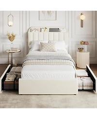 gaomon Bed Frame with Storage Headboard, Kids Bed Frame with 2 Drawers, Boucle Upholstered Platform Bed with Bookcase, No Box Spring Needed