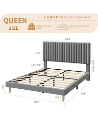 gaomon Bed Frame with Adjustable Headboard, Velvet Upholstered Platform Queen Size Bed Frame, Vertical Channel Tufted, Strong Wooden Slats