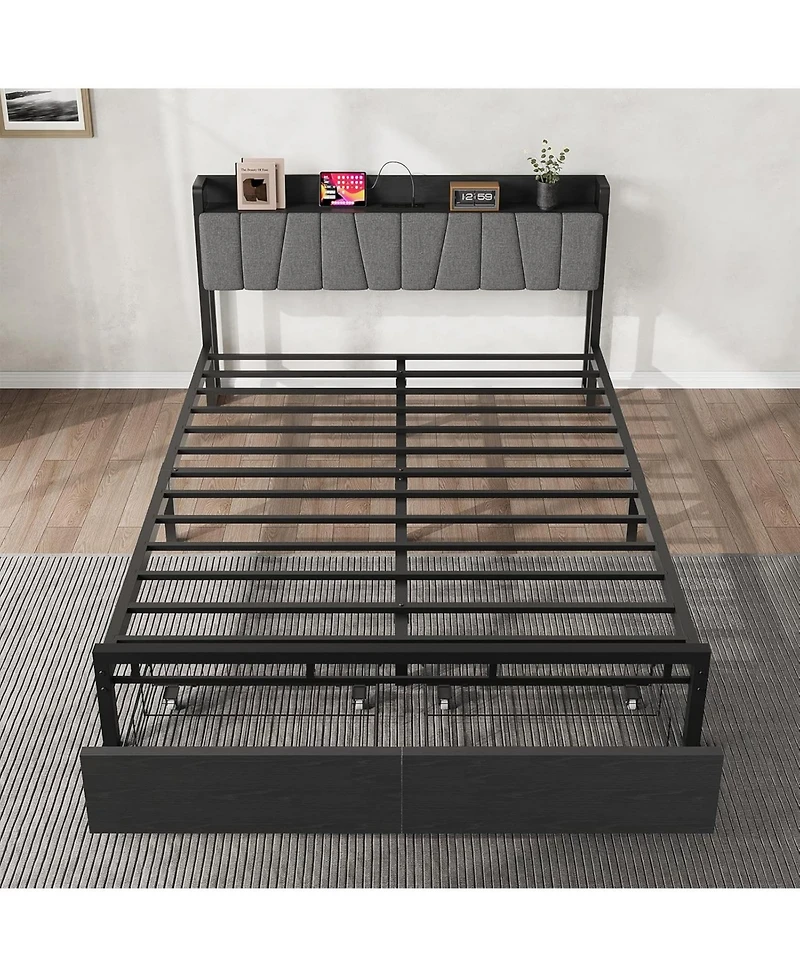 gaomon Bed Frame with Storage Headboard, Industrial Platform Bed with 2 Large Drawers and Charging Station