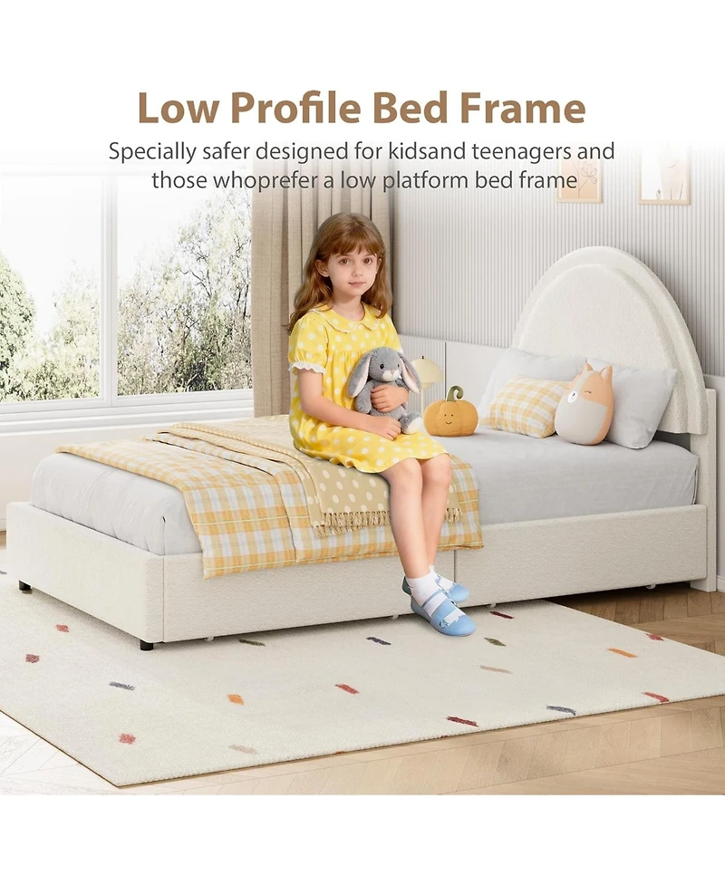 gaomon Twin Boucle Bed Frame with 2 Drawers Upholstered Platform Round Headboard Wood Slats No Box Spring