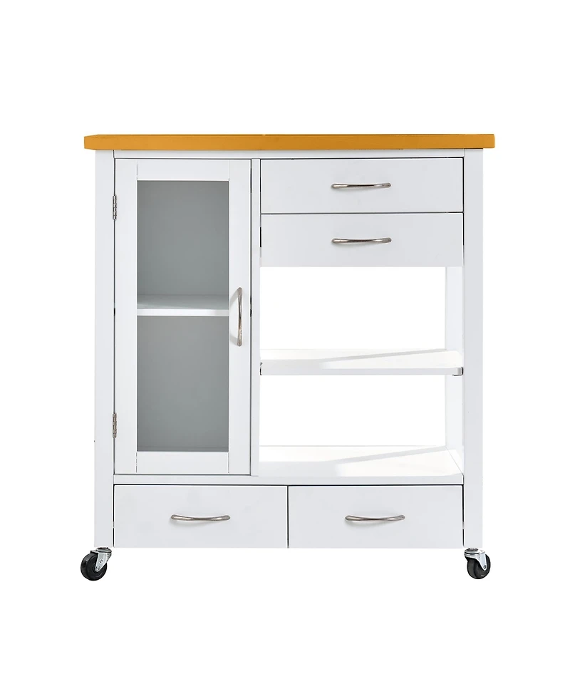 Rainsken Kitchen Island Cart, Portable Bar Rolling Storage Cabinet on Wheels with Open Shelving, Drawers, and a Glass-Door for Kitchen