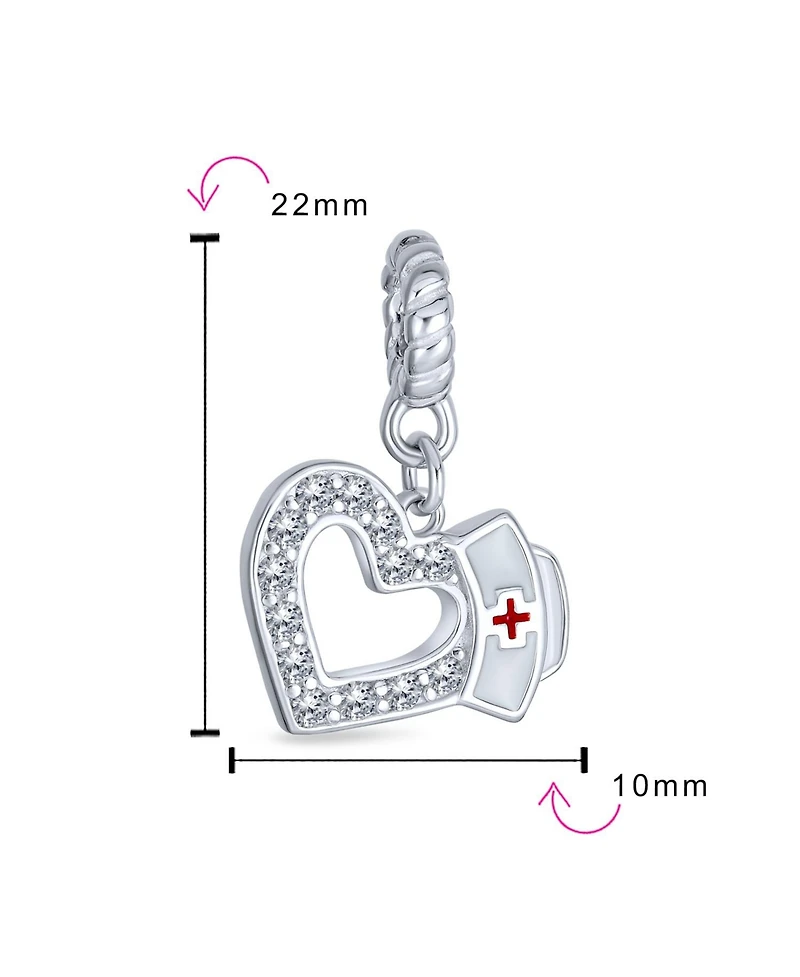 Bling Jewelry Heart Shape Rn Cap Nurse Dangle Bead Charm For Charm Bracelet .925 Sterling Silver