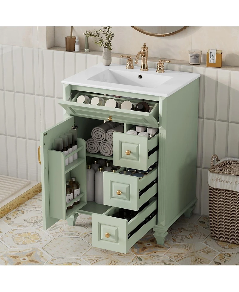 Sillysis Freestanding Bathroom Vanity with Ceramic Sink, Flip Drawer Storage and Adjustable Shelf for Small Spaces