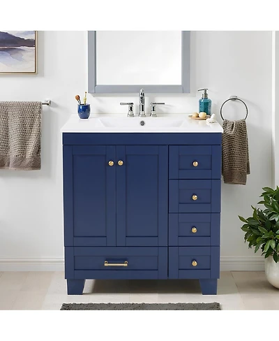 Sillysis 30" Blue Bathroom Vanity with Ceramic Sink, Solid Wood Frame, Pull-Out Drawers, Adjustable Storage, Soft Close Slides