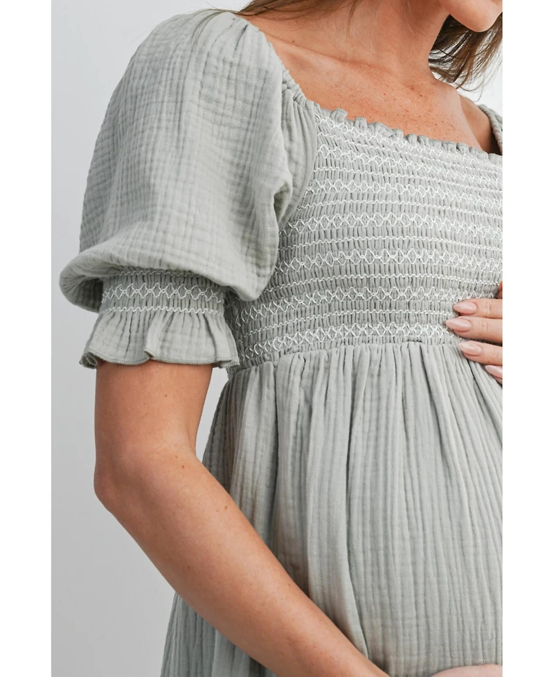 Hello Miz Maternity Smocked Empire Waist Puff Sleeve Midi Dress with Ruffle Hem