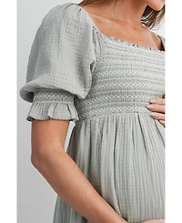 Hello Miz Maternity Smocked Empire Waist Puff Sleeve Midi Dress with Ruffle Hem