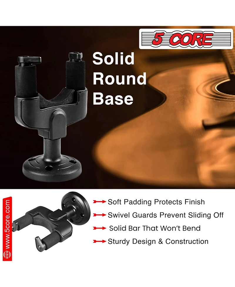 5 Core Guitar Wall Mount Hanger Black 2 Pack | Easy Lock and Adjustable