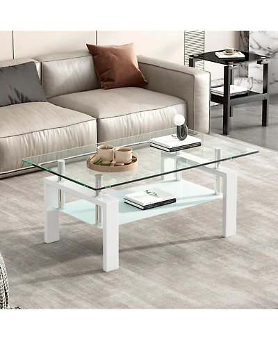 Rainsken Rectangle 2-Tier Glass Coffee Table, Modern Small Center Table with Storage and Metal Legs for Living Room, Home Office