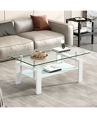 Rainsken Rectangle 2-Tier Glass Coffee Table, Modern Small Center Table with Storage and Metal Legs for Living Room, Home Office