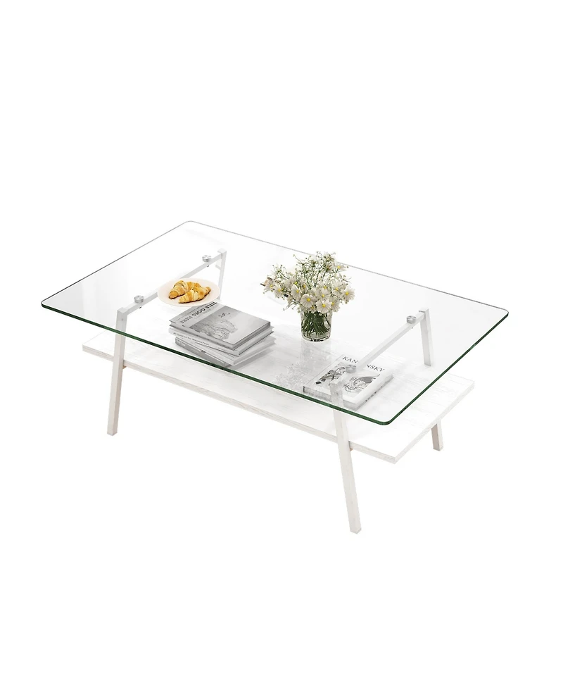 Rainsken Rectangle Coffee Table, 2 Tier Center Table with Clear Tempered Glass Top and Metal Legs for Living Room