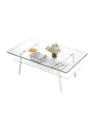 Rainsken Rectangle Coffee Table, 2 Tier Center Table with Clear Tempered Glass Top and Metal Legs for Living Room