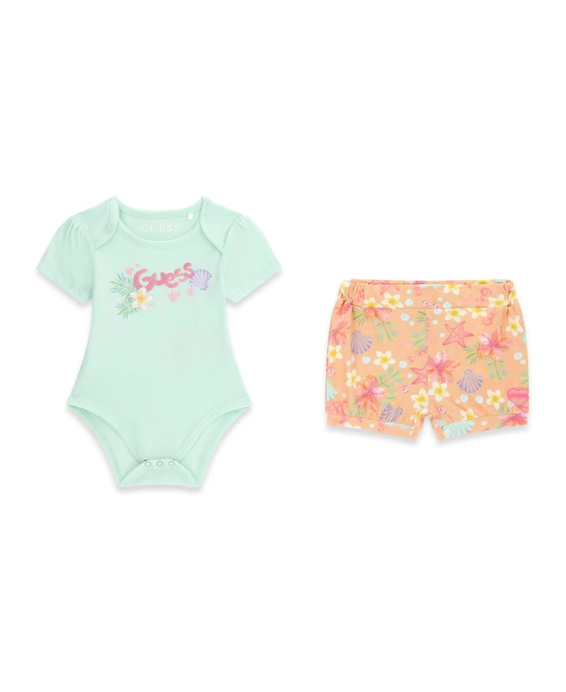Guess Baby Girls' Tropical Print Stretch Jersey Short-Sleeve Bodysuit and Shorts, 2-Piece Set