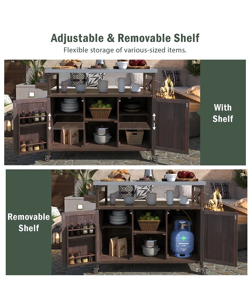 sumyeg Outdoor Kitchen Island and Rolling Bar Cart, Farmhouse Solid Wood Grill Table with Stainless Steel Top, Spice Rack Towel