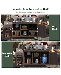 sumyeg Outdoor Kitchen Island and Rolling Bar Cart, Farmhouse Solid Wood Grill Table with Stainless Steel Top, Spice Rack Towel