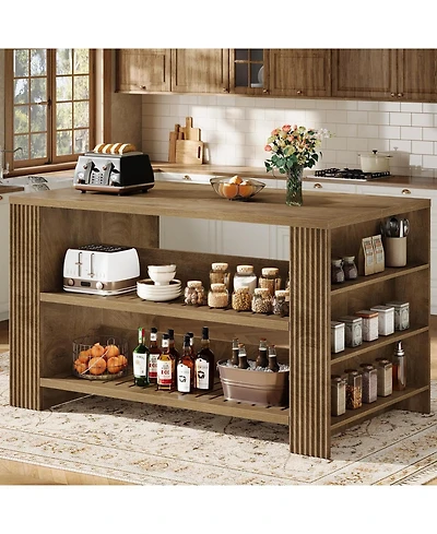 Tribesigns 3-Tier Farmhouse Kitchen Island with Storage, 59'' Wooden Stationary Island Table with Open Shelves & Large Worktop & Leg Room