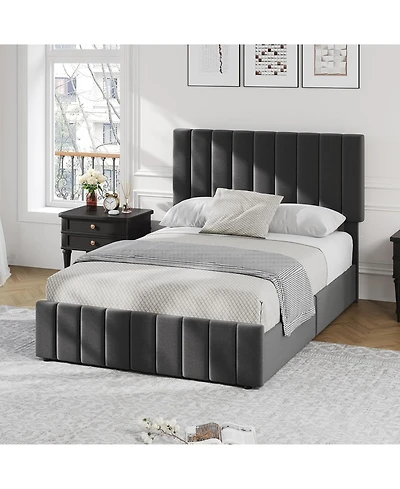 gaomon Upholstered Bed Frame 4 Storage Drawers Adjustable Headboard Wooden Slats Support No Box