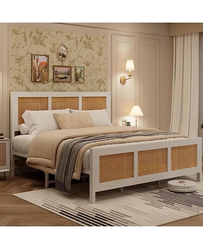 gaomon King Bohemian Rattan Platform Bed Frame Metal Slats Support No Box Spring Noise-Free Stylish Headboard