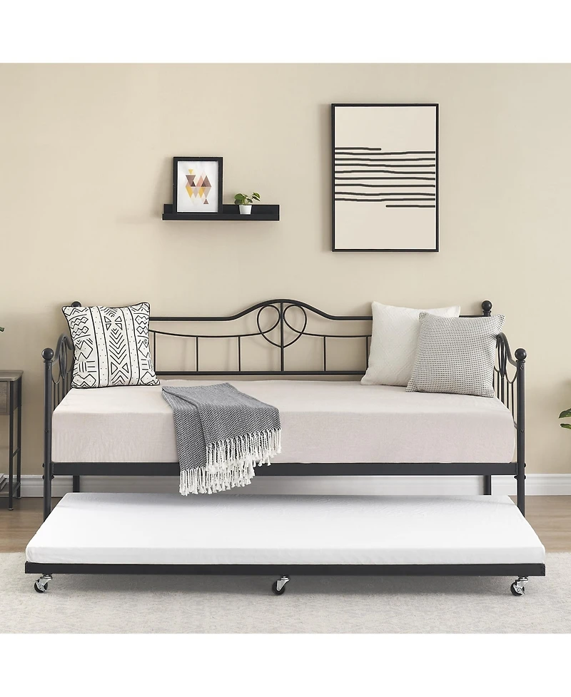gaomon Daybed with Trundle Twin Day Bed 6 Wheels Art Sweet Heart Heavy Duty Metal Slats Pull Out Sofa Bed