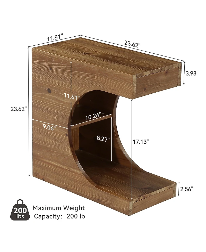 Tribesigns C-Shaped Solid Wood End Table, Farmhouse Side Table with Shelves, 2-Tier Nightstand