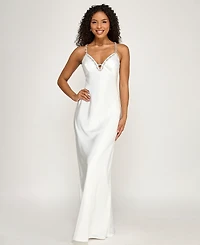 Seni & Cade Women's Rhinestone Trim Long V-Neck Slip Dress