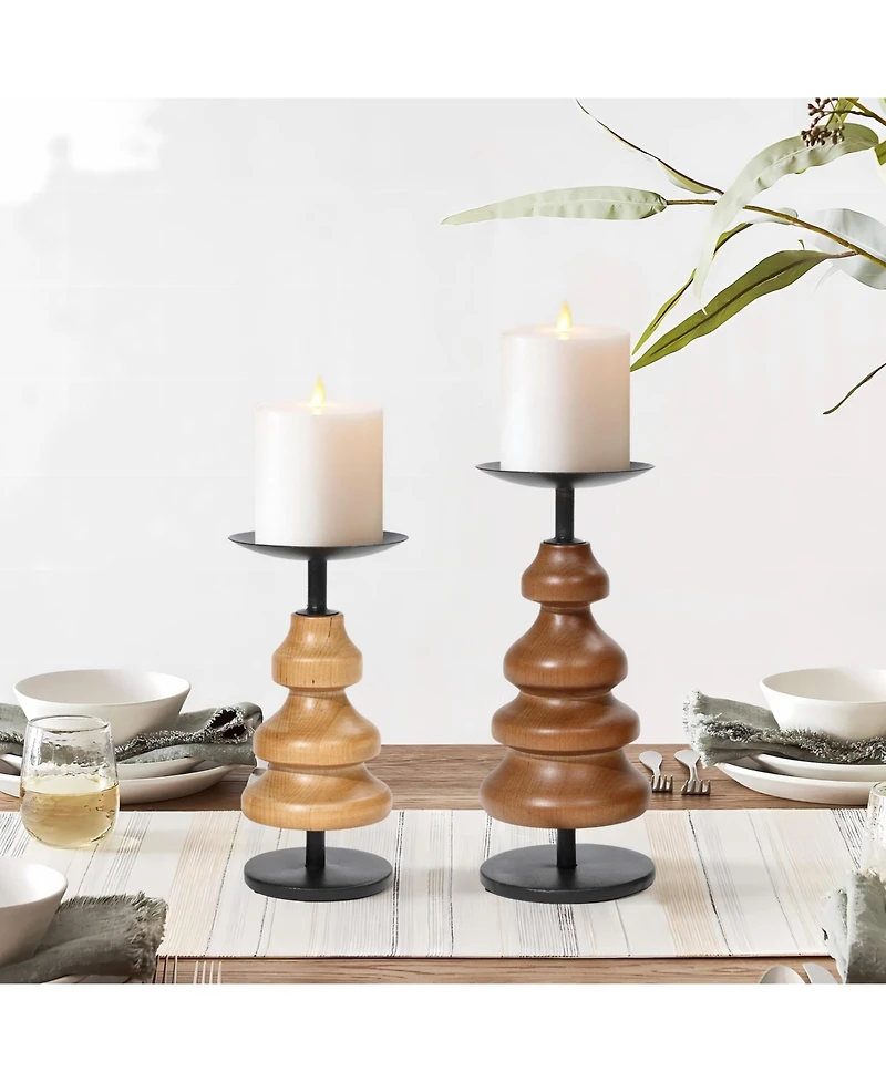 LuxenHome 2-Piece Birch Wood with Metal Pillar Candle Holder Set