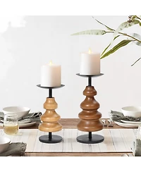 LuxenHome 2-Piece Birch Wood with Metal Pillar Candle Holder Set