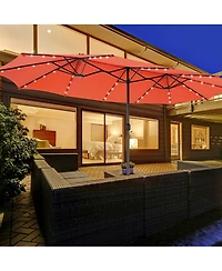 Gymax Outdoor 15' Double-Sided Patio Umbrella 48 Solar Led Lights Crank & Base Wine